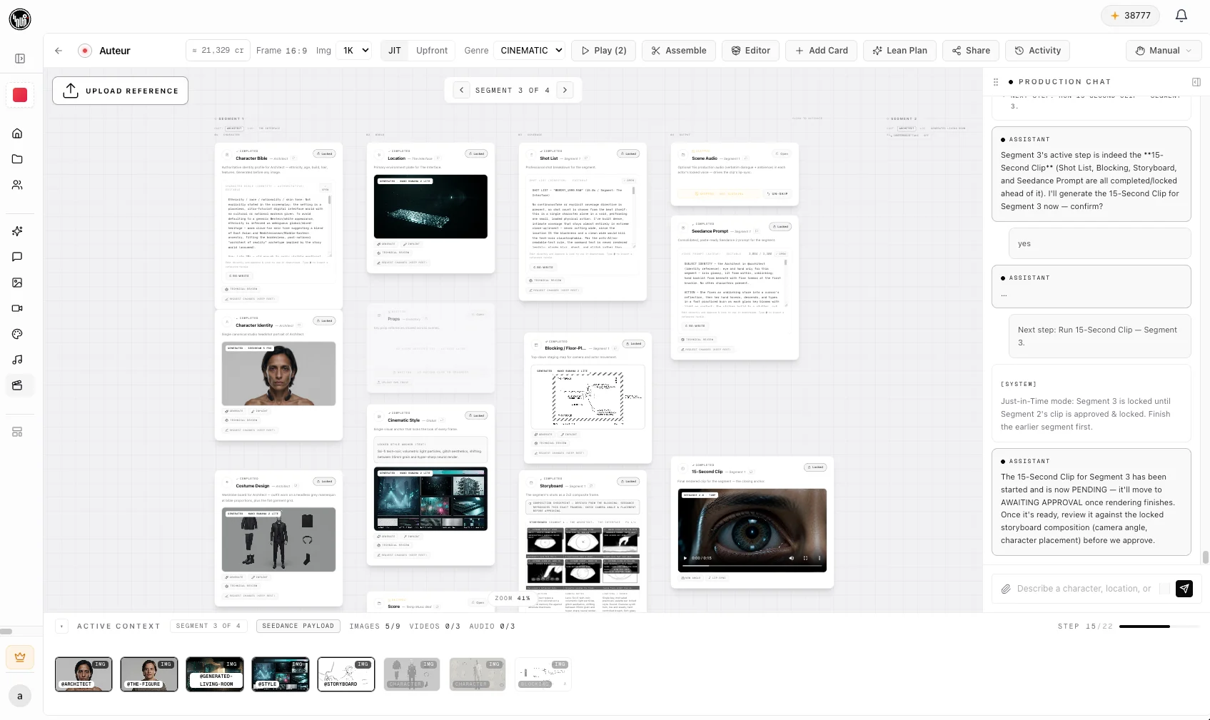 The Auteur canvas: character bible, identity and costume cards for a segment, alongside location, cinematic style, shot list, storyboard, blocking and the finished clip, with the production chat open on the right.
